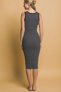 Striped Knit Bodycon Midi Dress - Beige or Black
