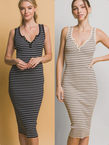Striped Knit Bodycon Midi Dress - Beige or Black