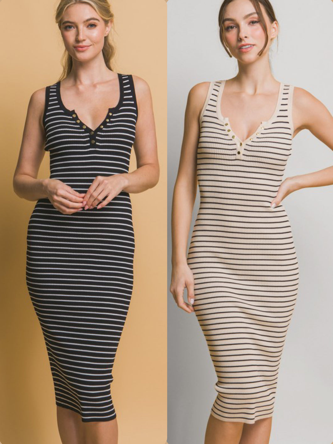 Striped Knit Bodycon Midi Dress - Beige or Black