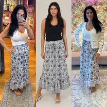 Angled Hem Elastic Waistband Maxi Skirt - White-Blue