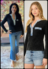 Denim Mixed Henley Top - Washed Black