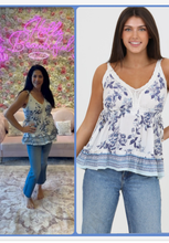 V Neck Lace Trim Side Ties Tank Top - White-Blue