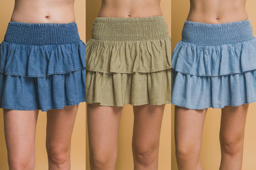 Shirred Waist Tencel  Mini Skirt - Assorted Colors