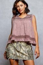 POL V neck flowy sleeveless fit top in cotton with trim detail, ruffle on hem, button closure on back and open back detail - Mauve