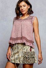POL V neck flowy sleeveless fit top in cotton with trim detail, ruffle on hem, button closure on back and open back detail - Mauve