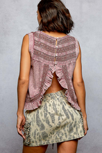POL V neck flowy sleeveless fit top in cotton with trim detail, ruffle on hem, button closure on back and open back detail - Mauve