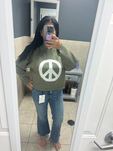 POL Round neck long sleeve peace sign solid sweater - Charcoal/White or Olive/White