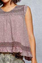 POL V neck flowy sleeveless fit top in cotton with trim detail, ruffle on hem, button closure on back and open back detail - Mauve