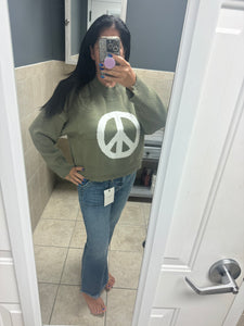 POL Round neck long sleeve peace sign solid sweater - Charcoal/White or Olive/White