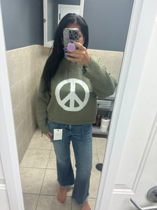 POL Round neck long sleeve peace sign solid sweater - Charcoal/White or Olive/White