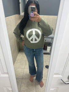 POL Round neck long sleeve peace sign solid sweater - Charcoal/White or Olive/White