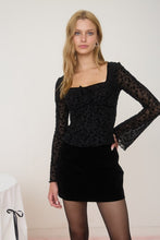 Velvet Floral Print Long Sheer Sleeve Knit Top - Black