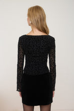 Velvet Floral Print Long Sheer Sleeve Knit Top - Black