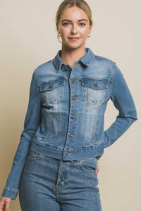 Distressed Button Up Stretchy Cotton Denim Jacket - White or Light Blue