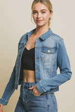 Distressed Button Up Stretchy Cotton Denim Jacket - White or Light Blue
