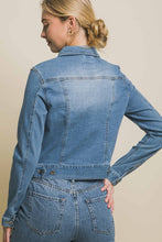 Distressed Button Up Stretchy Cotton Denim Jacket - White or Light Blue
