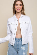 Distressed Button Up Stretchy Cotton Denim Jacket - White or Light Blue