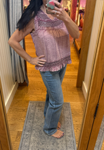 POL V neck flowy sleeveless fit top in cotton with trim detail, ruffle on hem, button closure on back and open back detail - Mauve