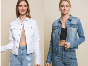 Distressed Button Up Stretchy Cotton Denim Jacket - White or Light Blue