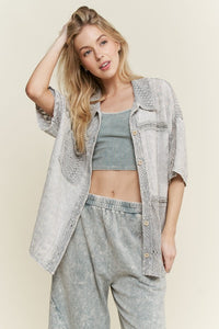 Mineral Washed Eyelet Lace Boho Summer Shacket -Natural or Silver Grey