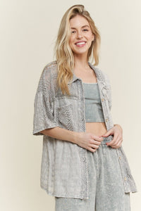 Mineral Washed Eyelet Lace Boho Summer Shacket -Natural or Silver Grey