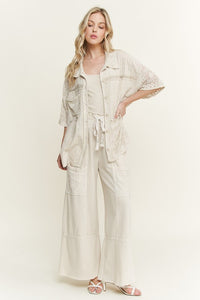 Mineral Washed Eyelet Lace Boho Summer Shacket -Natural or Silver Grey