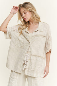 Mineral Washed Eyelet Lace Boho Summer Shacket -Natural or Silver Grey