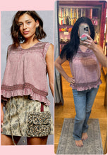 POL V neck flowy sleeveless fit top in cotton with trim detail, ruffle on hem, button closure on back and open back detail - Mauve