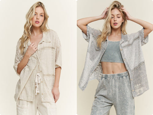 Mineral Washed Eyelet Lace Boho Summer Shacket -Natural or Silver Grey