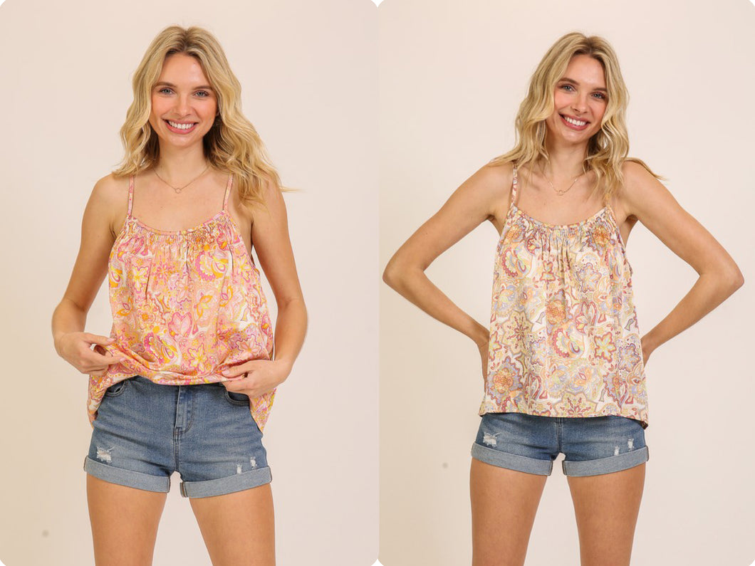 Boho Chic Satin Print Cami Top - Ivory or Rose Combo