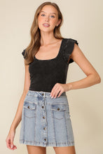 Square Neck Mineral Wash Ruffle Cap Sleeve Top - Black