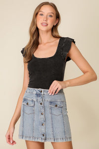 Square Neck Mineral Wash Ruffle Cap Sleeve Top - Black