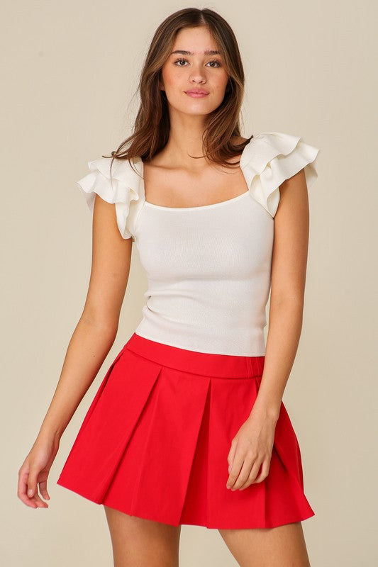 Ruffled Tiered Cap Sleeve Ribbed Knit Sweater Top - Ivory
