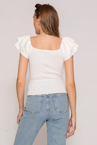 Ruffled Tiered Cap Sleeve Ribbed Knit Sweater Top - Ivory