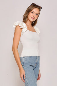 Ruffled Tiered Cap Sleeve Ribbed Knit Sweater Top - Ivory