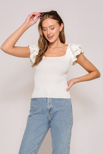 Ruffled Tiered Cap Sleeve Ribbed Knit Sweater Top - Ivory