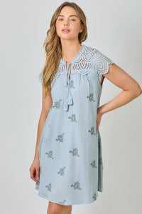 Mystree Eyelet Sleeve Embroidered Dress -  Pale Blue