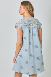 Mystree Eyelet Sleeve Embroidered Dress -  Pale Blue