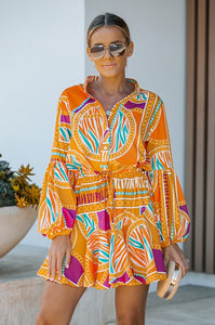 Print Adjustable Balloon Sleeve Dress - Fuchsia or Orange