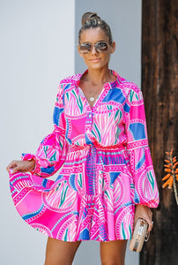 Print Adjustable Balloon Sleeve Dress - Fuchsia or Orange