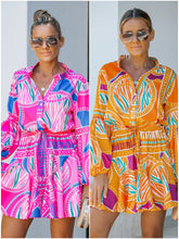 Print Adjustable Balloon Sleeve Dress - Fuchsia or Orange