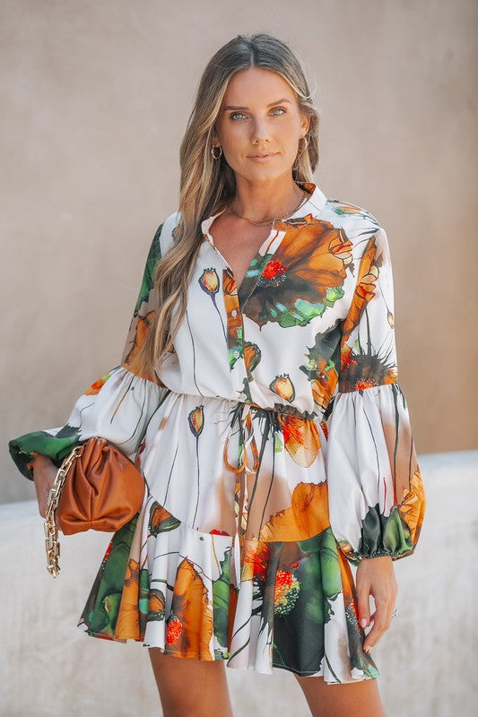 Flower Paint Mini Dress - Orange/Olive