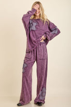 Mineral Washed Drawing A Flower Terry Pullover Top - Eggplant