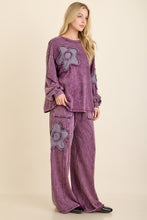 Mineral Washed Drawing A Flower Terry Pullover Top - Eggplant
