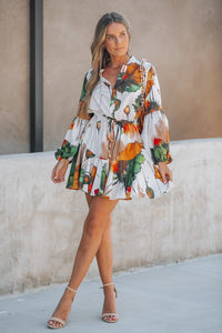 Flower Paint Mini Dress - Orange/Olive