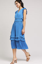 Pleated Sleeve Ruffle Long Dress - Faded Blue