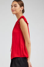 Pleated Short Sleeve Blouse W Ruffled Split Neck And Tie - Black or Red
