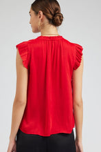 Pleated Short Sleeve Blouse W Ruffled Split Neck And Tie - Black or Red