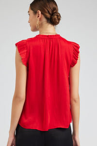 Pleated Short Sleeve Blouse W Ruffled Split Neck And Tie - Black or Red