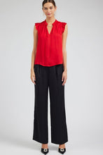 Pleated Short Sleeve Blouse W Ruffled Split Neck And Tie - Black or Red